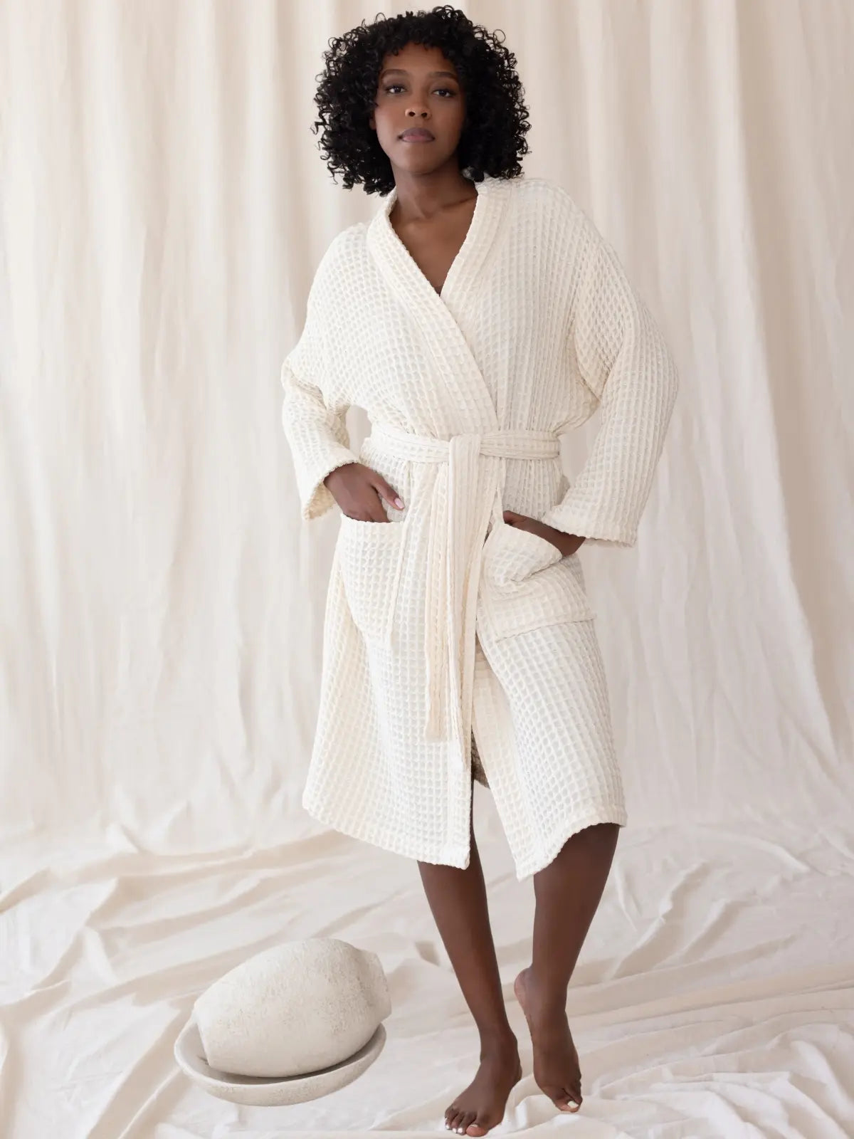 Natural %100 pamuk waffle pike kimono bornoz ön görünüm