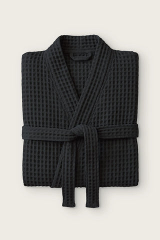 Waffle pike kimono bornoz, Siyah, katlanmış ön görünüm ve bağlı kuşak