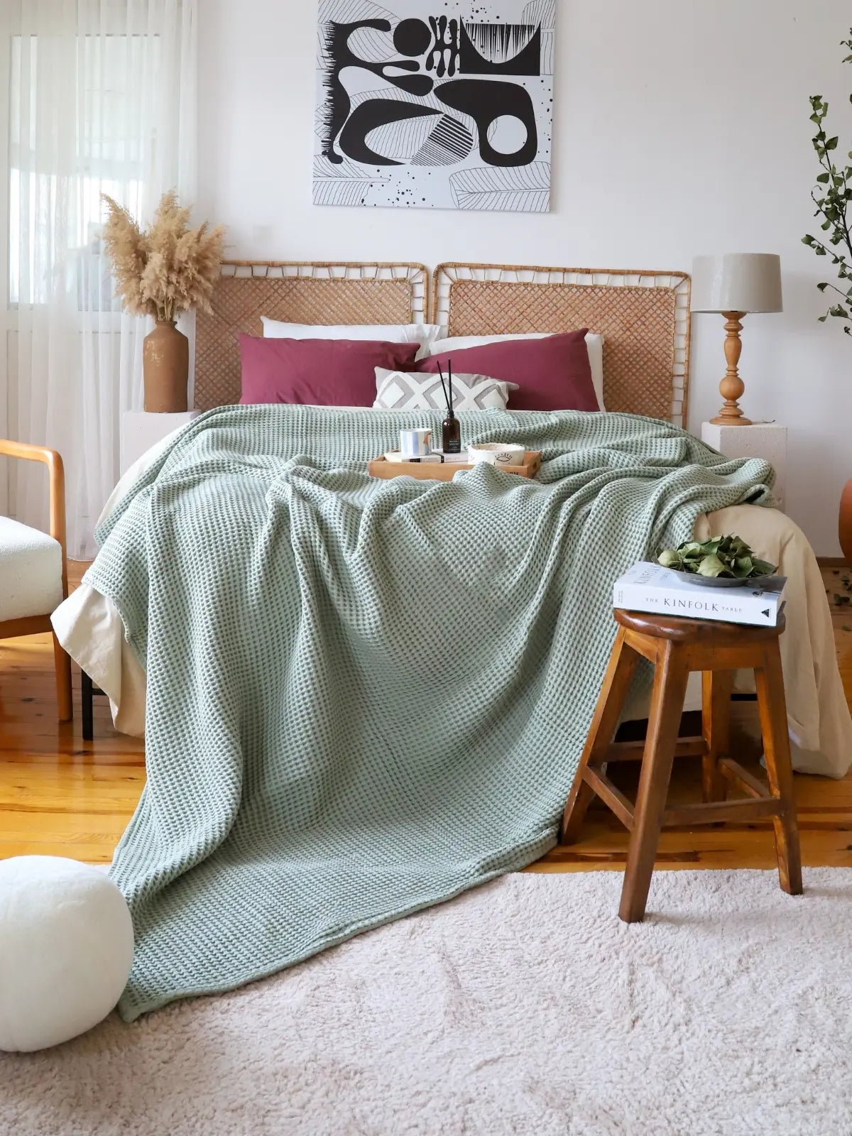 Adaçayı waffle pike yatak örtüsü kenar dikişi işçilik detayı