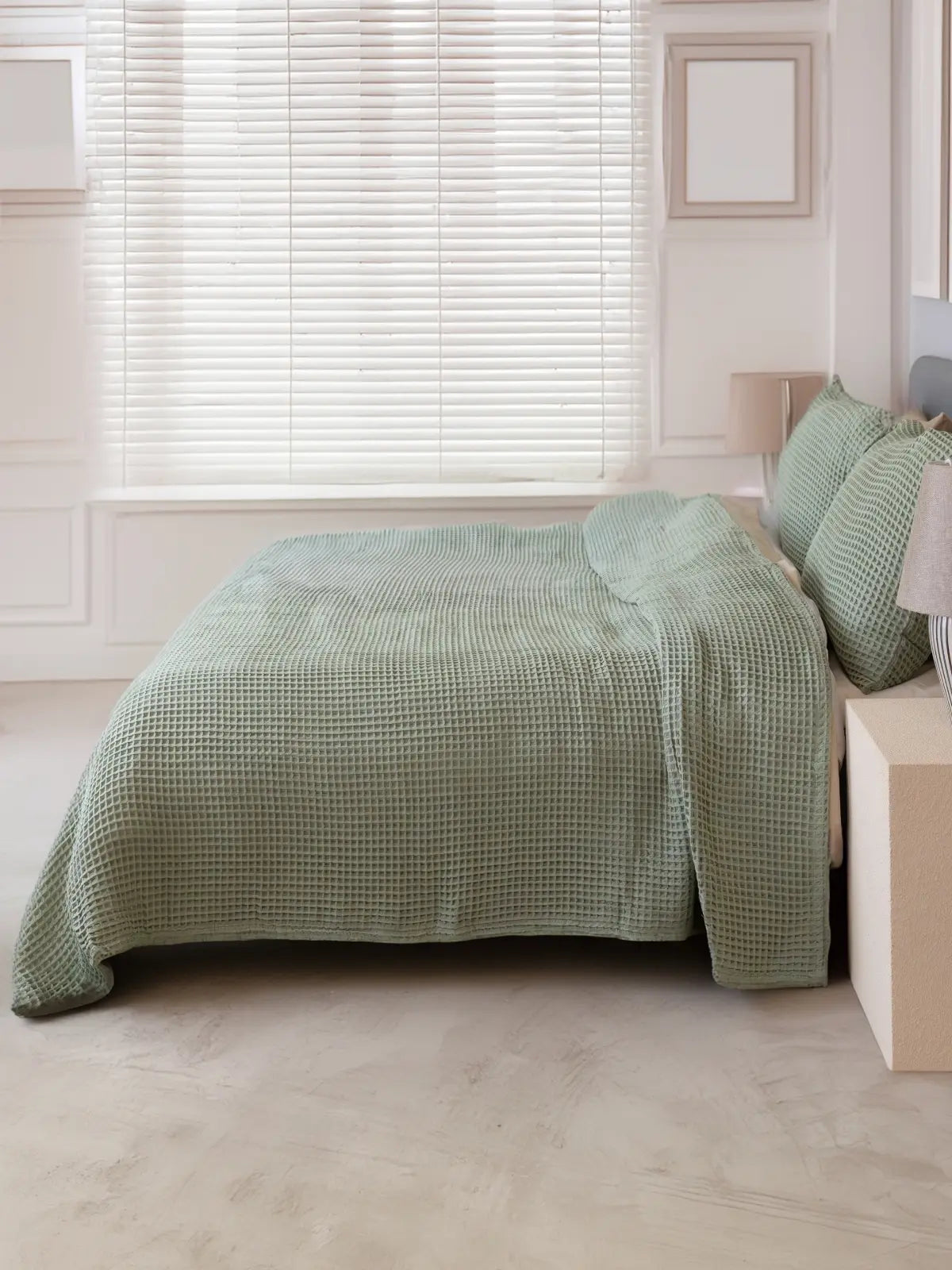 Adaçayı waffle pike yatak örtüsü petek dokuma kumaş yakın çekim