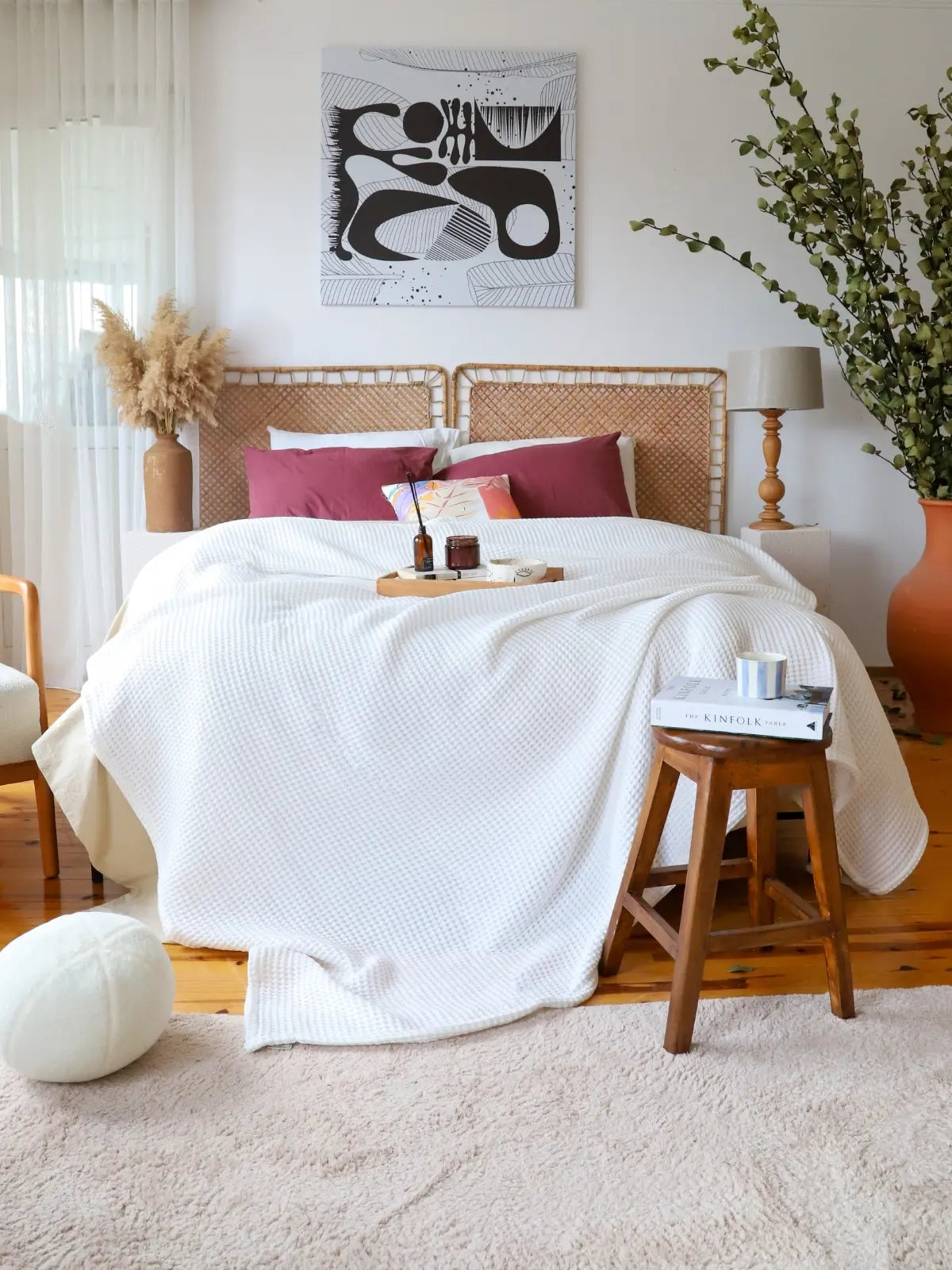 Beyaz waffle pike örtü koltuk şalı olarak salon kullanımı