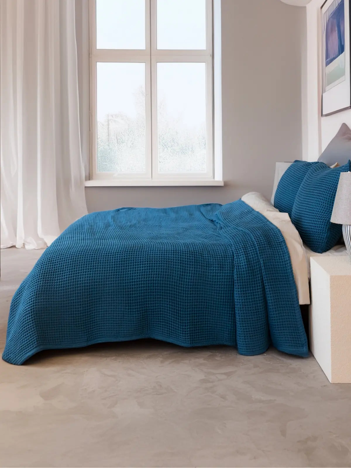 İndigo waffle pike yatak örtüsü petek dokuma kumaş yakın çekim