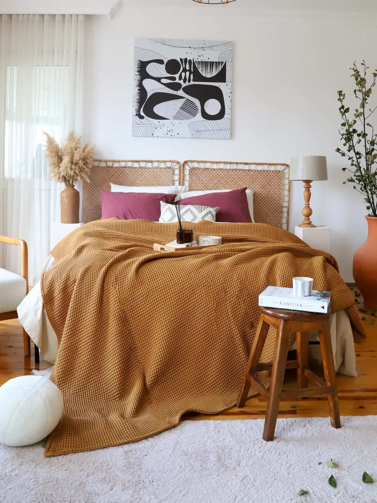 Karamel waffle pike yatak örtüsü kenar dikişi işçilik detayı