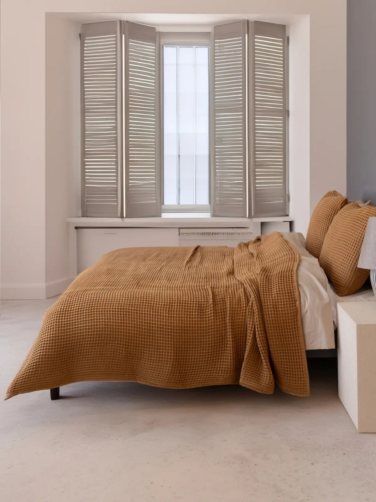 Karamel waffle pike yatak örtüsü petek dokuma kumaş yakın çekim