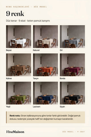 Düz model 9 renk: Beyaz, Naturel, Gri, Kahve, Tarçın, Bordo, Yeşil, Lacivert, Siyah – VivaMaison