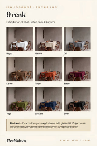 Fırfırlı model 9 renk: Beyaz, Naturel, Gri, Kahve, Tarçın, Bordo, Yeşil, Lacivert, Siyah – VivaMaison