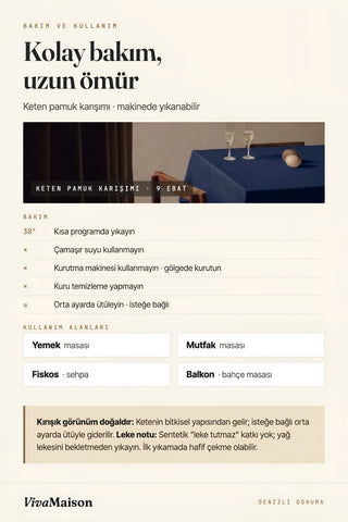 Bakım kartı: 30 °C kısa program, çamaşır suyu yok, kurutma makinesi yok, orta ısıda ütü – VivaMaison
