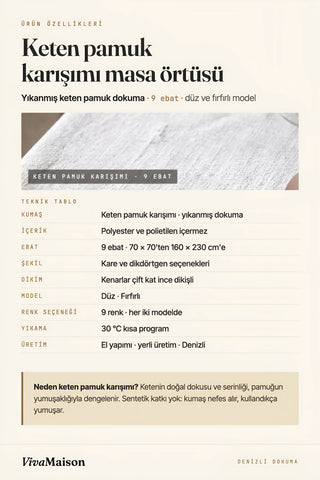 Ürün özellikleri kartı: yıkanmış keten pamuk masa örtüsü, 9 ölçü, düz ve fırfırlı model, 30 °C yıkama – VivaMaison