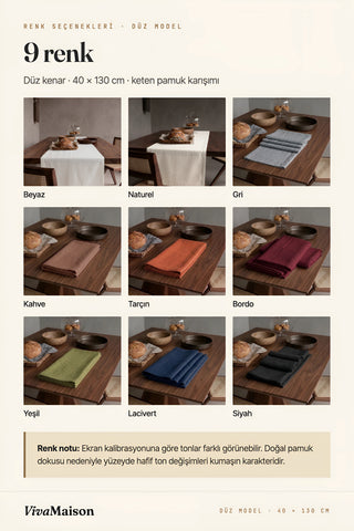 Düz model runner 9 renk: Beyaz, Naturel, Gri, Kahve, Tarçın, Bordo, Yeşil, Lacivert, Siyah – VivaMaison