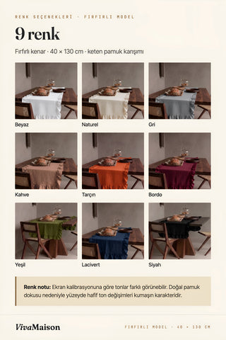 Fırfırlı model runner 9 renk: Beyaz, Naturel, Gri, Kahve, Tarçın, Bordo, Yeşil, Lacivert, Siyah – VivaMaison