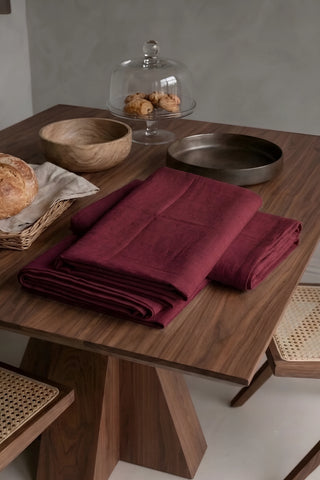 Bordo düz model yıkanmış keten pamuk runner, katlanmış – el dokuması, Denizli, VivaMaison